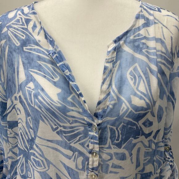 Grand & Greene Blue White Tropical Sheer Tunic Blouse L Roll Tab Sleeve Top - Picture 6 of 15